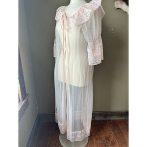 Vintage Movie Star Pink Sheer Lace Detail Night Lingerie Robe One Size